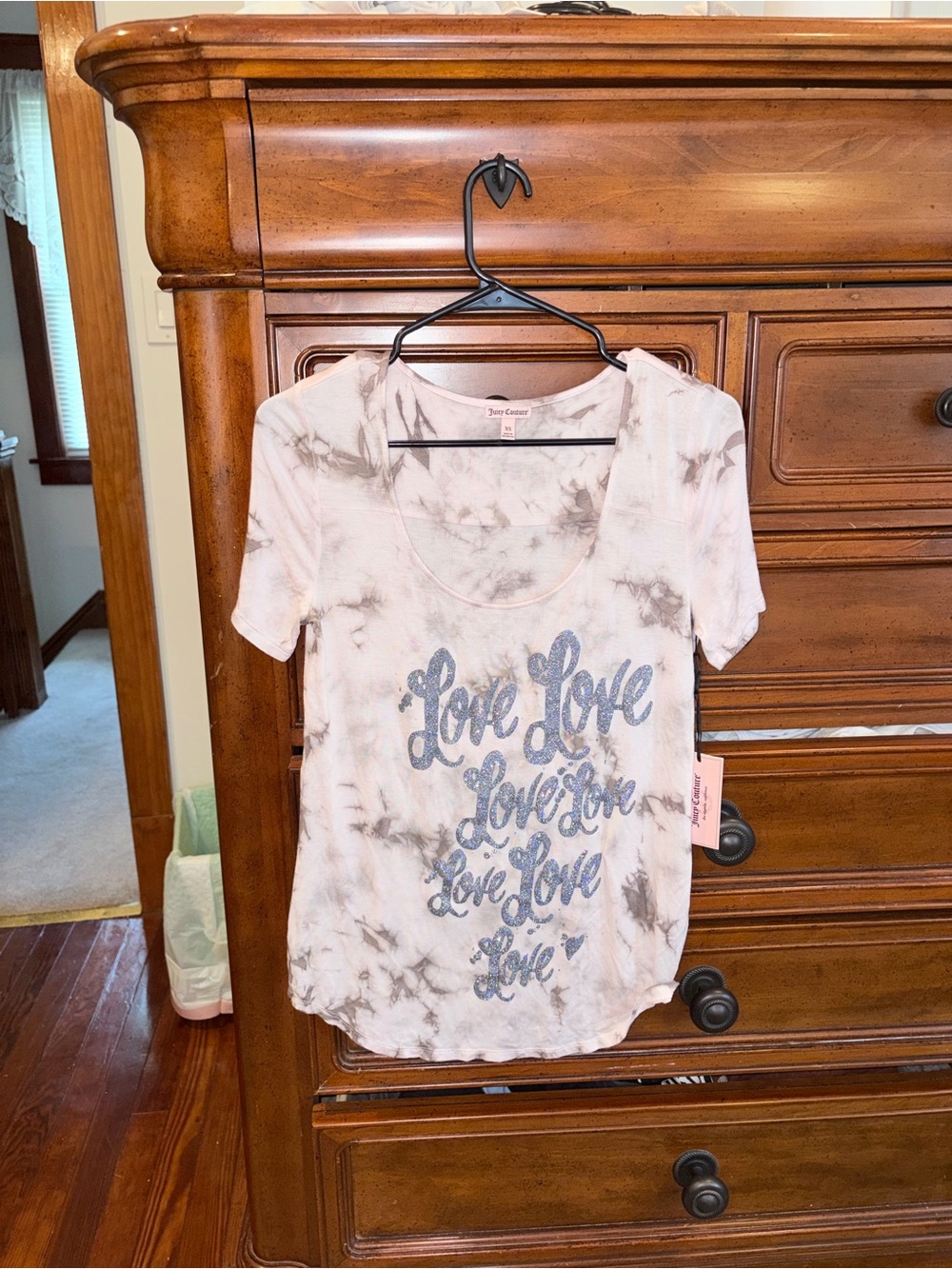 NWT Juicy Couture XS Tie Dye Love Glitter Graphic Tee Pink Gray Short Sleeve